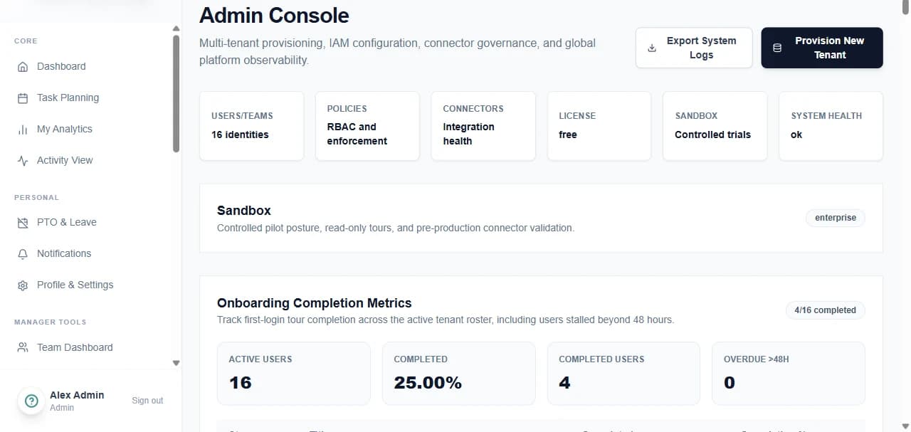 Chronum admin console showing tenant configuration and system operations