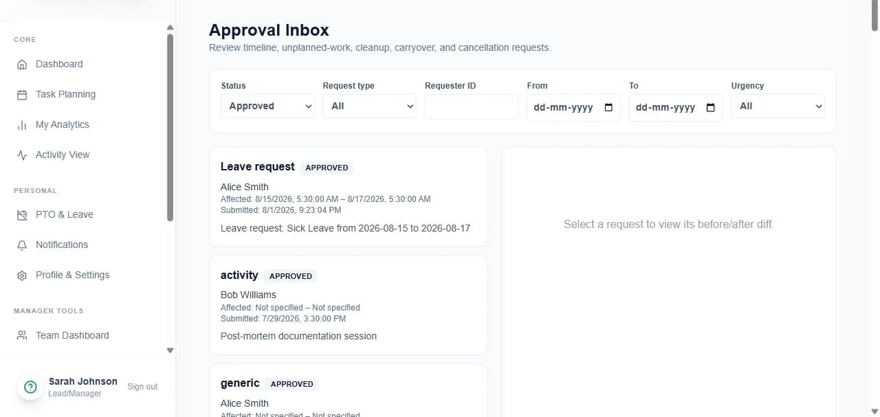 Chronum approval inbox listing pending requests awaiting manager review