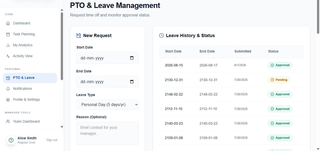 Chronum PTO and leave page showing the request form and leave history with status